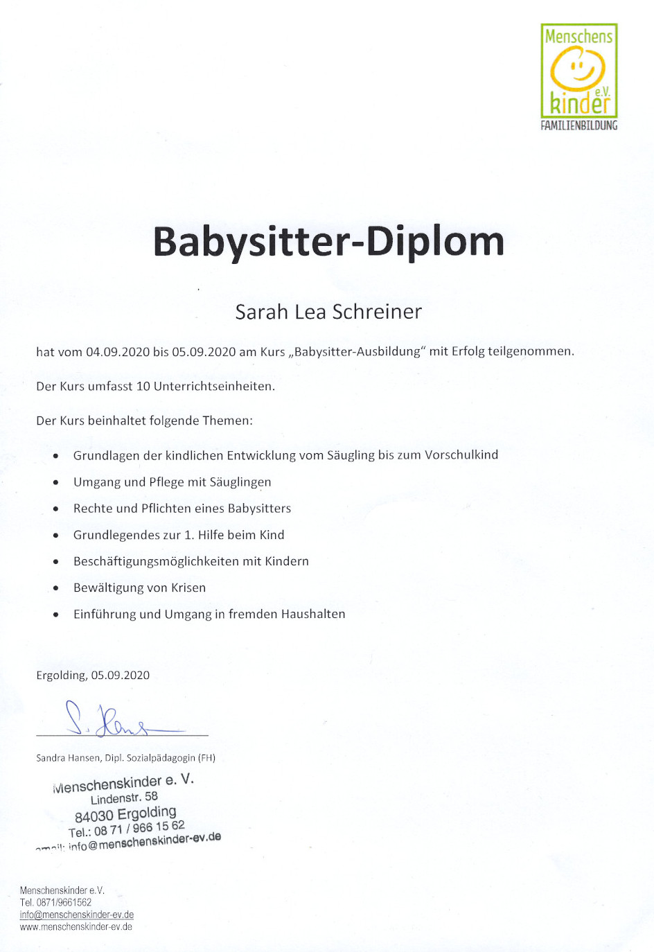 Babysitter Diplom von Menschenskinder e.V.
